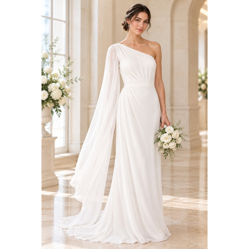 JJs House Ivory One Shoulder Chiffon Wedding Dress Cape Sleeve Grecian Gown NWT